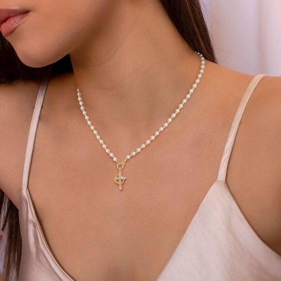 Crown Cross Necklace for Women 14K Gold Silver Plated Faith Birthstone Gift - Picture 3 of 7